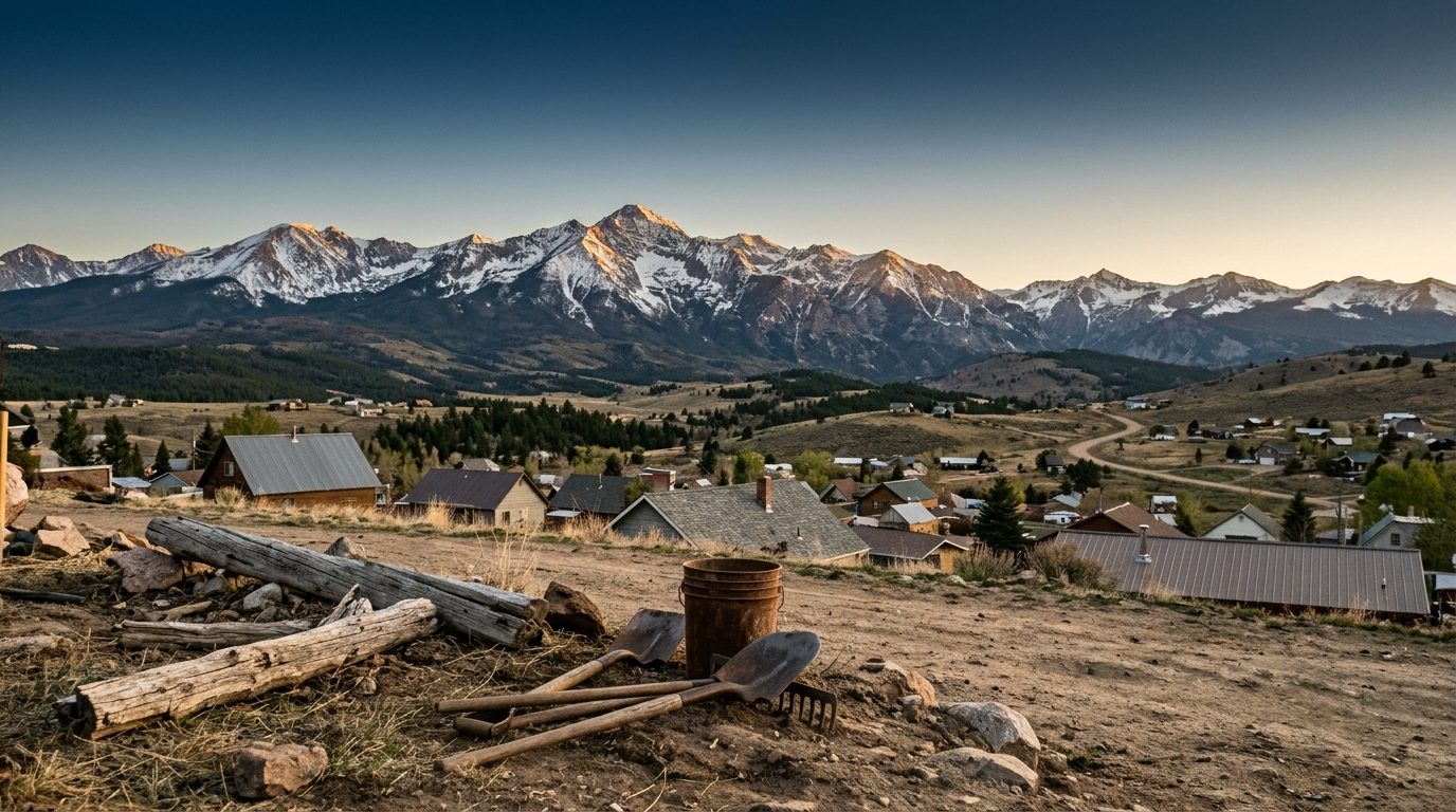 Colorado front range at golden hour, scattered rooftops in the middle distance and snow on the peaks