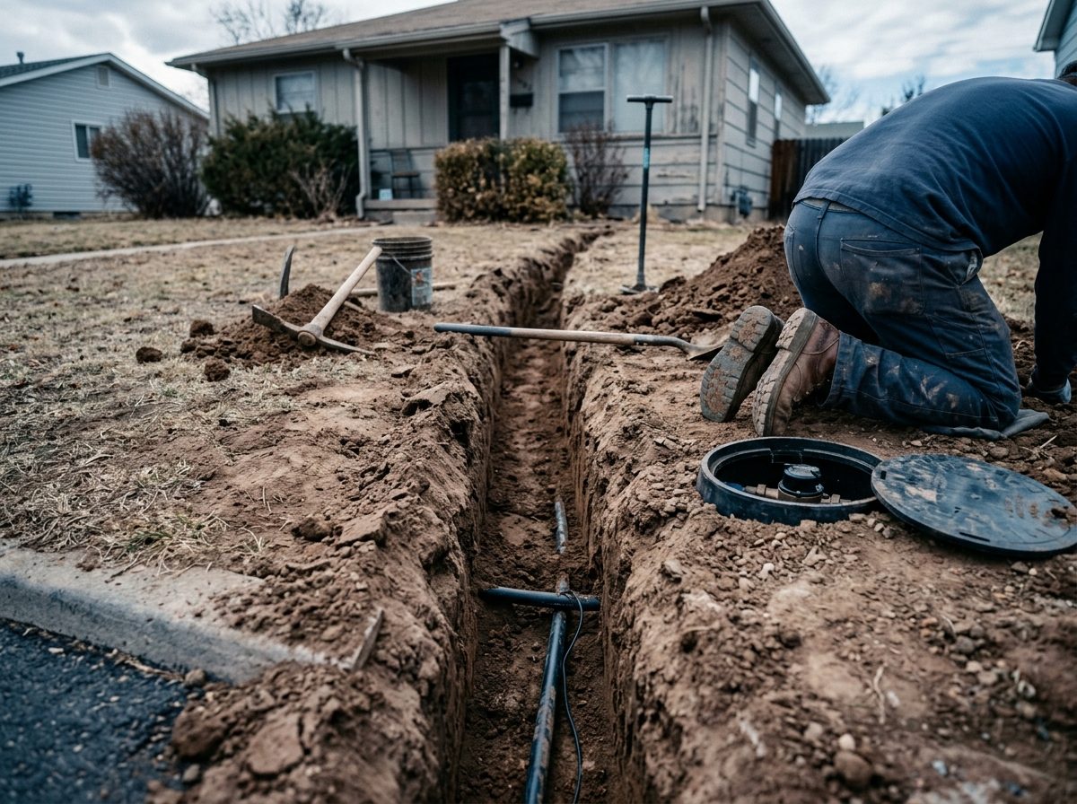 An excavation exposing the buried water service line — Bennett, Colorado