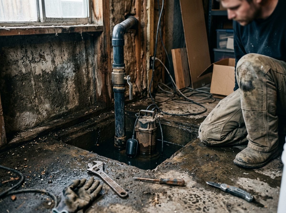 Sump pit with a pump and float switch, discharge pipe and check valve on a damp basement floor