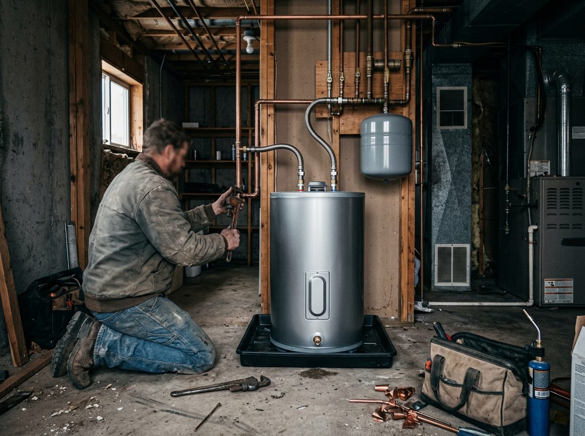 A new tank water heater set in place with fittings connected — Akron, Colorado